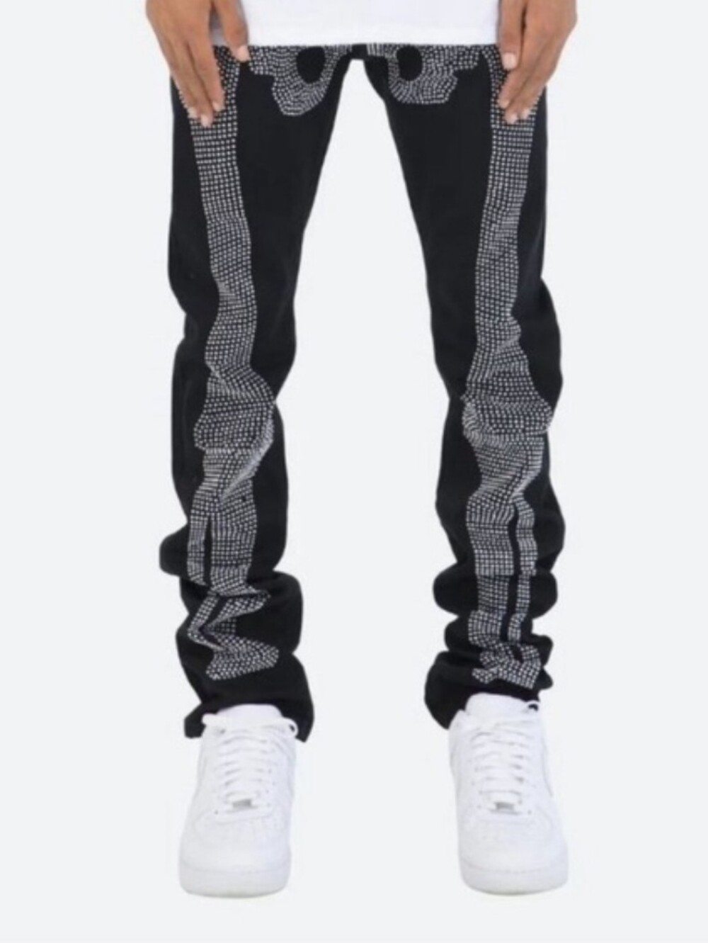 NWT MNML Black Jeans with White Rhinestone Skeleton Print Size 30